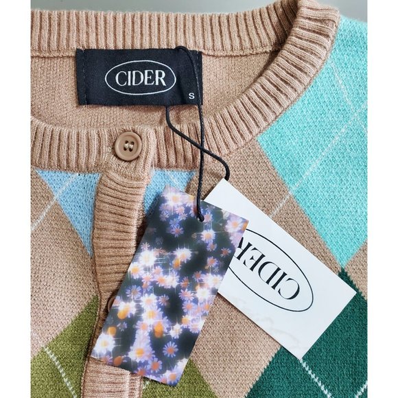 CIDER Womens Argyle Print Knit Crop Cardigan Sweater Jacket Retro S NWT - Picture 3 of 7